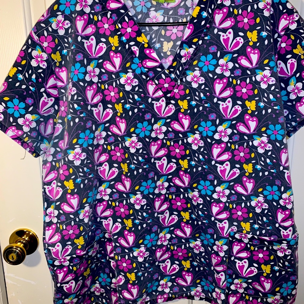 Black Scrub Top With Flower Pattern